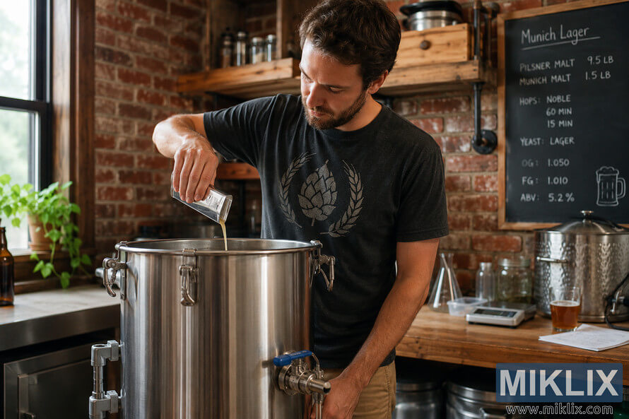 A homebrewer pours liquid yeast into a stainless steel fermentation vessel while brewing a Munich lager in a rustic homebrewing workspace with brick walls, wooden shelves, brewing equipment, and warm natural window light. A homebrewer pours liquid yeast into a stainless steel fermentation vessel while brewing a Munich lager in a rustic homebrewing workspace with brick walls, wooden shelves, brewing equipment, and warm natural window light.