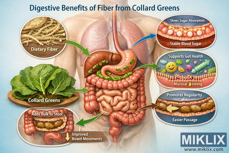 Landscape medical illustration showing a semi-transparent human torso with the digestive tract, a plate of collard greens on the left, and multiple labeled insets explaining how dietary fiber from collard greens slows sugar absorption, supports gut health, adds bulk to stool, and promotes regular bowel movements.