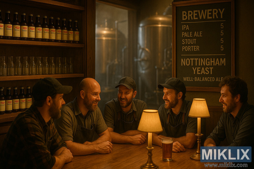 Prodhuesit e birrÃ«s diskutojnÃ« nÃ« njÃ« lokal komod me rafte me shishe majaje LalBrew Nottingham.