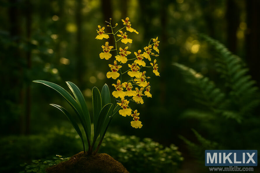 OrchidÃ©e dansante jaune Oncidium fleurissant sur des tiges arquÃ©es dans un jardin forestier baignÃ© de soleil avec un feuillage vert luxuriant