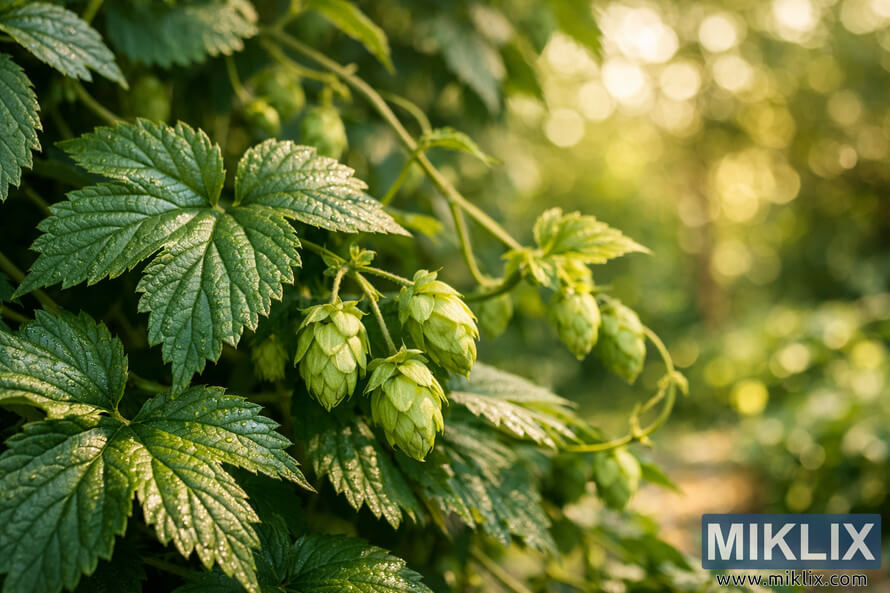 Close-up macro photograph of vibrant green hop leaves and budding hop cones on a Coigneau plant, sharply focused in the foreground with a soft, sunlit garden bokeh in the background.