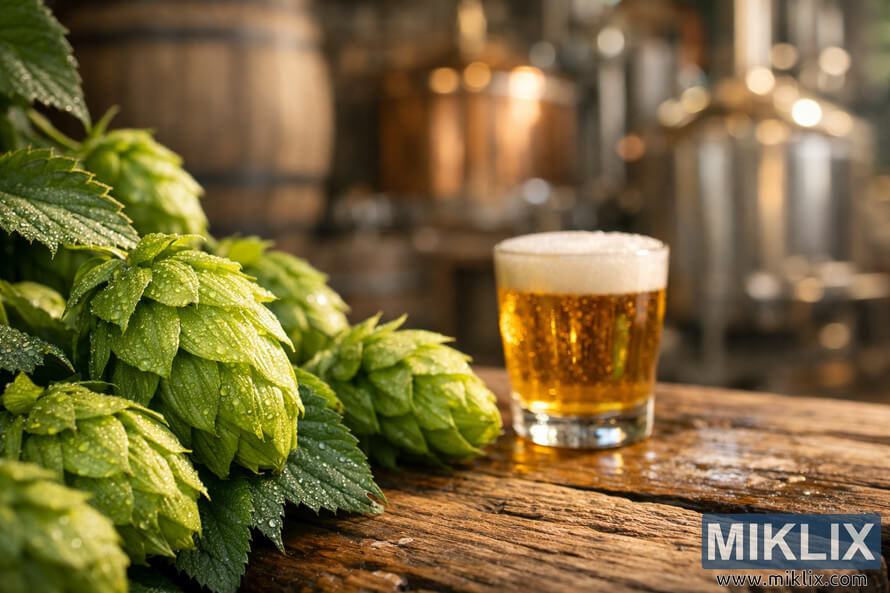 Close-up of dew-covered Santiam hop cones on a rustic wooden surface beside a small glass of golden beer, with a softly blurred brewery background. Close-up of dew-covered Santiam hop cones on a rustic wooden surface beside a small glass of golden beer, with a softly blurred brewery background.