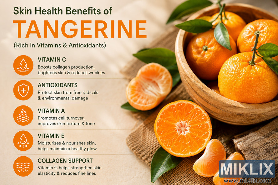 Landscape infographic showing fresh tangerines in a wooden bowl with sliced fruit and green leaves beside a list explaining how vitamins and antioxidants in tangerines support collagen production, skin texture, hydration, and protection from environmental stress. Landscape infographic showing fresh tangerines in a wooden bowl with sliced fruit and green leaves beside a list explaining how vitamins and antioxidants in tangerines support collagen production, skin texture, hydration, and protection from environmental stress.