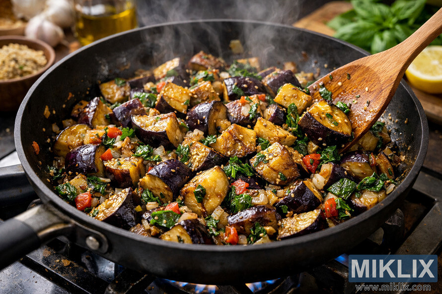 A close-up view of sliced eggplant being sautéed in a black skillet with diced tomatoes, onions, garlic, and leafy greens, stirred with a wooden spatula over a gas stove. A close-up view of sliced eggplant being sautéed in a black skillet with diced tomatoes, onions, garlic, and leafy greens, stirred with a wooden spatula over a gas stove.