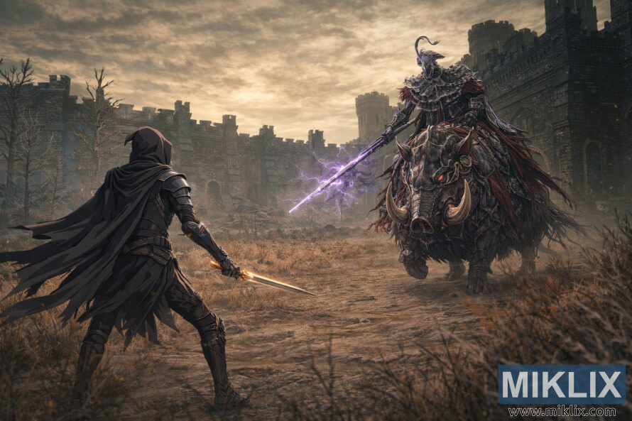 Wide anime-style scene of the Tarnished in Black Knife armor facing Commander Gaius mounted on an armored boar amid the ruined fortress of Scaduview before battle.