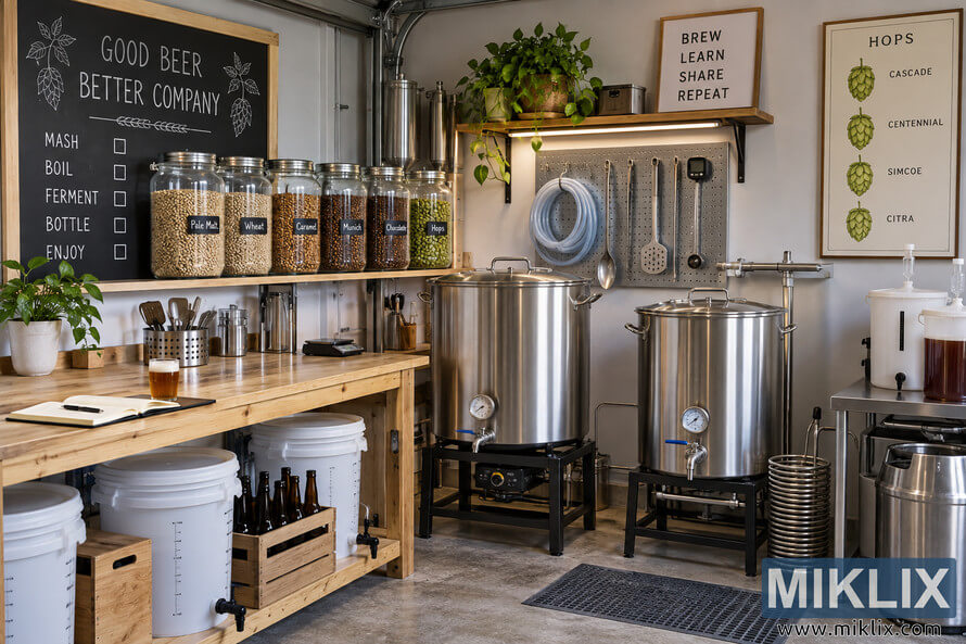 Wide view of an organized homebrewing workspace with stainless steel brewing kettles, fermentation buckets, ingredient jars, brown bottles, brewing tools, tubing, an immersion chiller, wooden workbenches, plants, and brewing-themed wall art. Wide view of an organized homebrewing workspace with stainless steel brewing kettles, fermentation buckets, ingredient jars, brown bottles, brewing tools, tubing, an immersion chiller, wooden workbenches, plants, and brewing-themed wall art.