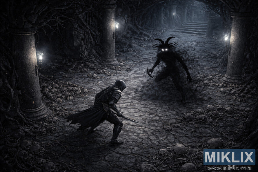 Caelid katakombalarında kÉllÉlÉr vÉ sütunlar arasında QÉbiristanlıq KölgÉsi ilÉ Ã¼zlÉÅÉn SolÄunun izometrik qaranlıq fantaziya görünüÅü. Caelid katakombalarında kÉllÉlÉr vÉ sütunlar arasında QÉbiristanlıq KölgÉsi ilÉ Ã¼zlÉÅÉn SolÄunun izometrik qaranlıq fantaziya görünüÅü.