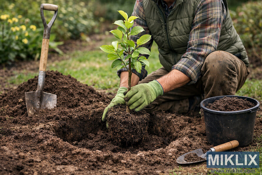 Gardener wearing gloves kneels beside a prepared hole, positioning a young quince tree with exposed root ball in rich soil, with shovel and bucket nearby in a lush garden.