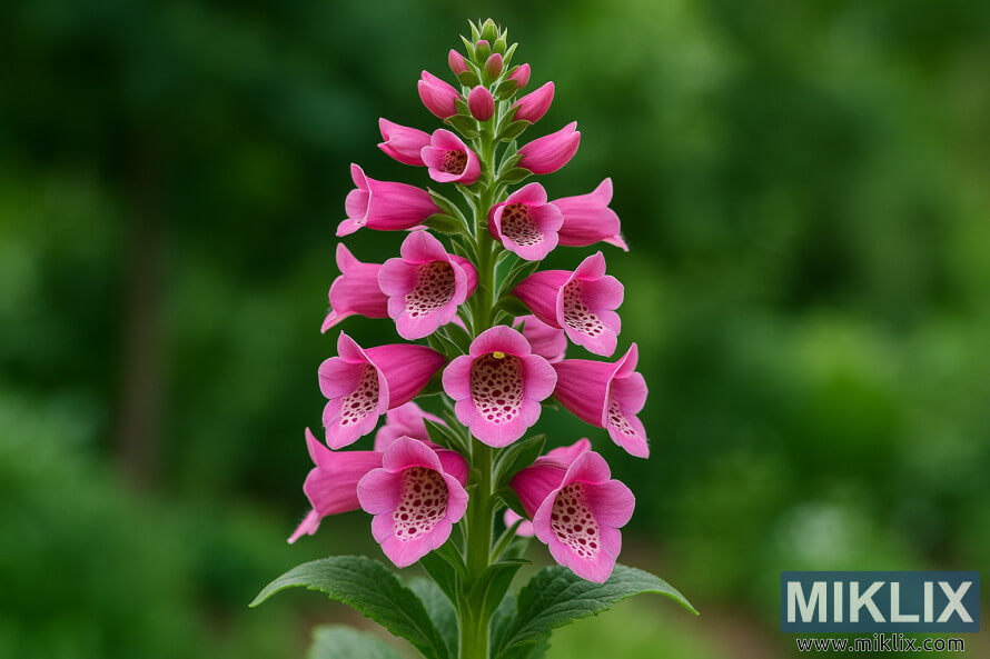 Gros plan de la digitale de Candy Mountain montrant des fleurs roses Ã©clatantes tournÃ©es vers le haut, avec des gorges tachetÃ©es sur un fond vert doux.