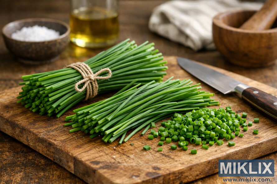 Bunches of fresh green chives resting on a rustic wooden cutting board in a kitchen, with a knife and chopped chives nearby. Bunches of fresh green chives resting on a rustic wooden cutting board in a kitchen, with a knife and chopped chives nearby.