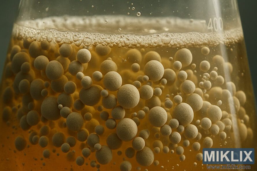 ZbliÅ¼enie komÃ³rek droÅ¼dÅ¼y fermentujÄcych w zÅotej brzeczce w delikatnym oÅwietleniu laboratoryjnym.