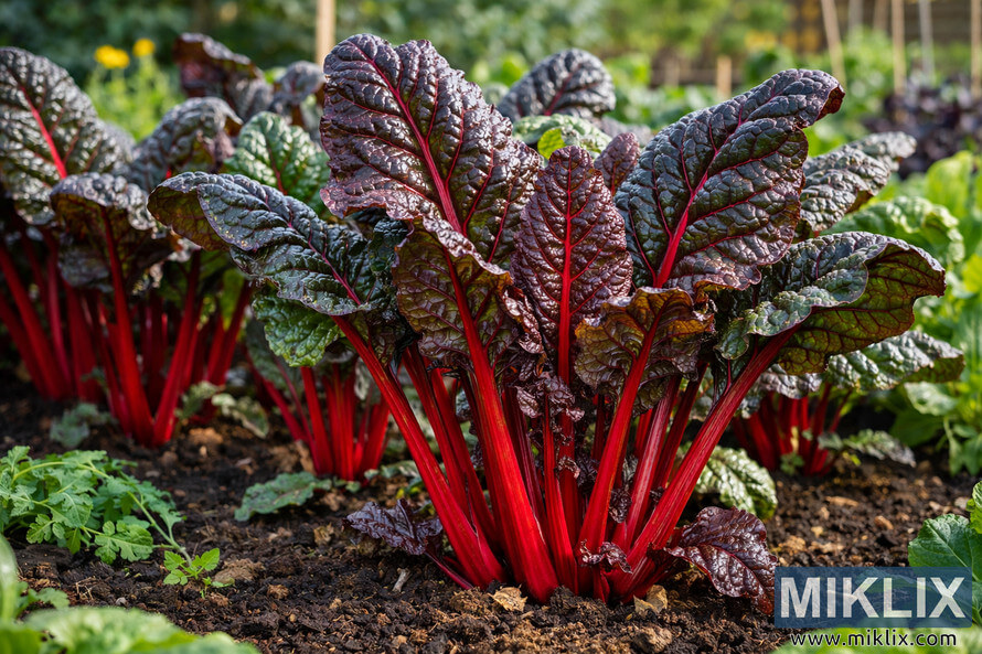 Ruby red Swiss chard with deep crimson stems growing in dark soil in a sunlit vegetable garden
