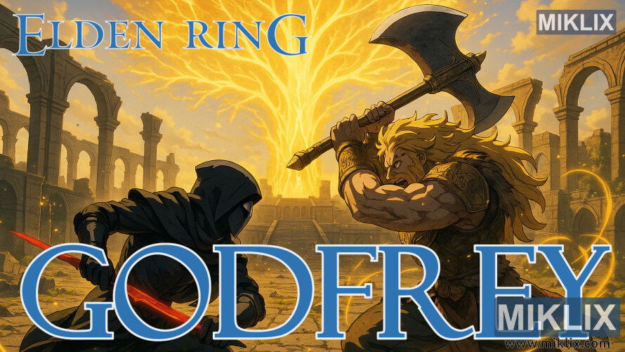 Anime-style artwork of a Black Knife armored warrior fighting Godfrey, First Elden Lord, before the glowing Erdtree.