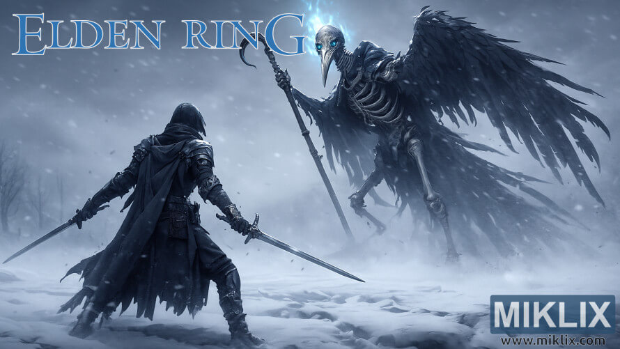 A Black Knife–clad warrior faces the towering Death Rite Bird amid a frozen blizzard in Elden Ring fanart.
