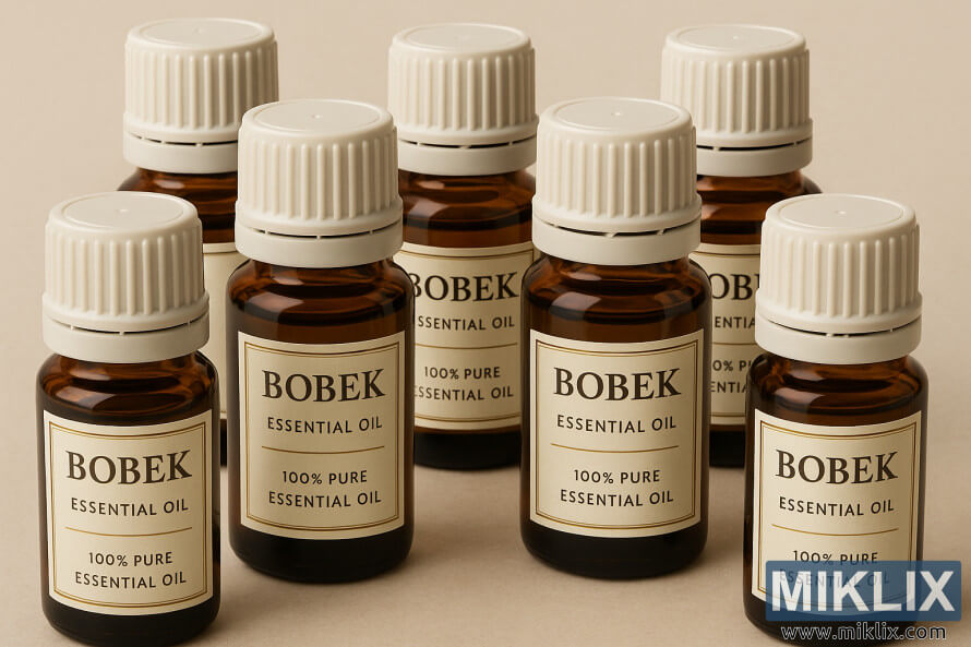 DetailnÃ­, symetrickÃ© uspoÅÃ¡dÃ¡nÃ­ jantarovÃ½ch sklenÄnÃ½ch lahviÄek s esenciÃ¡lnÃ­m olejem Bobek s krÃ©movÃ½mi uzÃ¡vÄry a elegantnÃ­mi etiketami, jemnÄ osvÄtlenÃ½ch na neutrÃ¡lnÃ­m pozadÃ­.