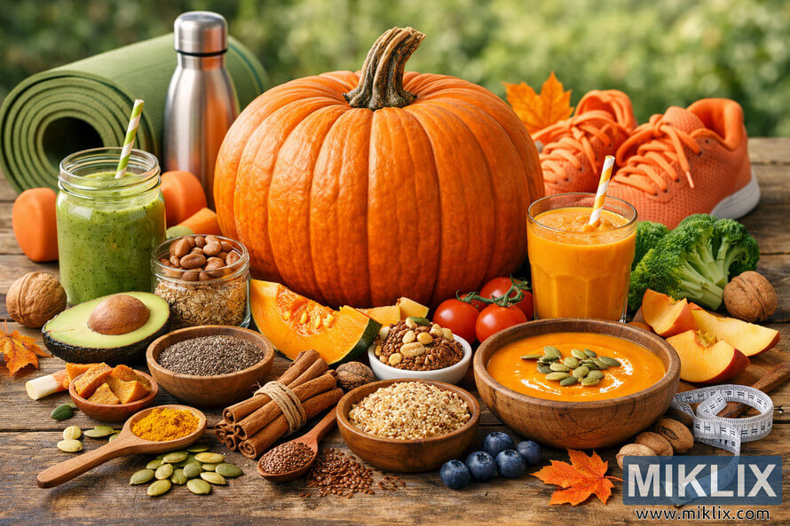 A vibrant still life photograph featuring a large orange pumpkin surrounded by healthy foods, fitness items, and autumn decorations on a rustic wooden table.