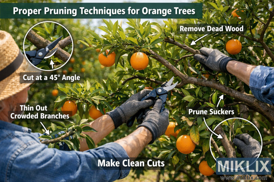 Gardener pruning an orange tree in a sunny orchard with labeled callouts showing proper pruning techniques such as 45-degree cuts, removing dead wood, thinning branches, and pruning suckers.