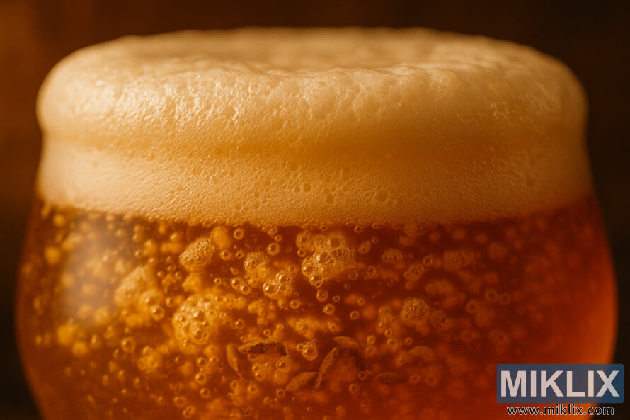 Kusa da giyan amber mai ÆyalÆyali tare da kumfa yana tashi da kauri, kan kumfa mai kauri yana haskaka ÆarÆashin hasken amber mai dumi. Kusa da giyan amber mai ÆyalÆyali tare da kumfa yana tashi da kauri, kan kumfa mai kauri yana haskaka ÆarÆashin hasken amber mai dumi.