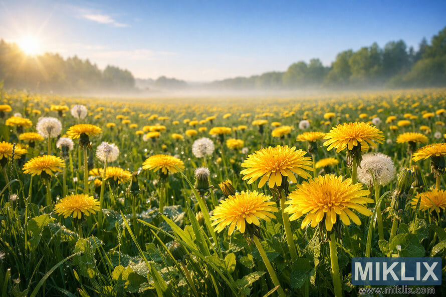 Sunlit field of yellow dandelions with dew-covered grass under a clear blue sky, symbolizing natural healing and calm. Sunlit field of yellow dandelions with dew-covered grass under a clear blue sky, symbolizing natural healing and calm.