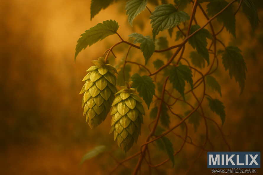 Naby-opname van Kanadese Rooiwyn-hopbolle met goue hoogtepunte en groen blare.
