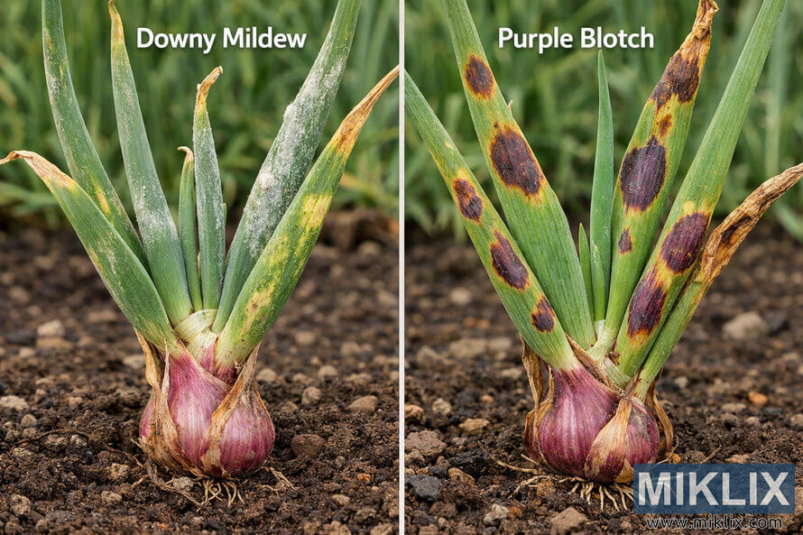 Side-by-side comparison of two shallot plants showing symptoms of downy mildew with pale fuzzy growth and purple blotch with dark purple leaf lesions.