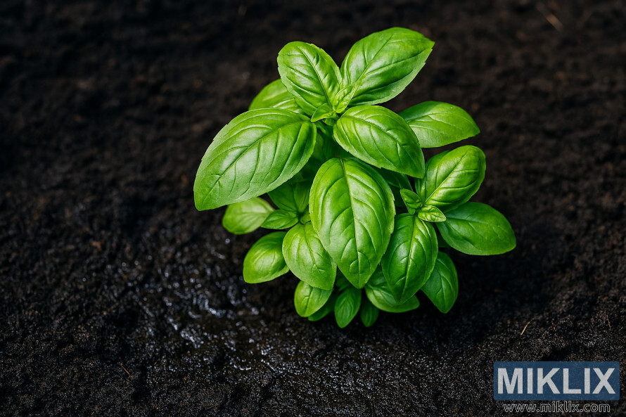 Close-up de uma planta de manjericão vibrante crescendo em solo escuro e úmido. Close-up de uma planta de manjericão vibrante crescendo em solo escuro e úmido.