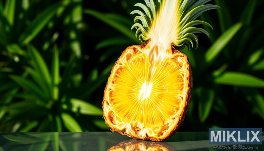 Halved pineapple with golden flesh and spiral pattern against a tropical green foliage backdrop under dramatic side lighting.