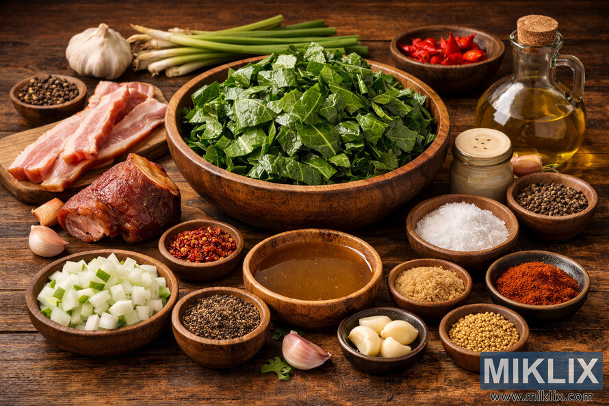 A high-resolution landscape photograph of Southern-style collard greens seasoning ingredients arranged on a rustic wooden table.