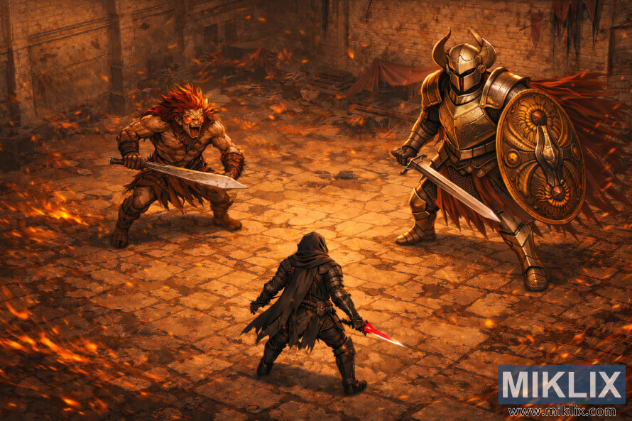 Isometric anime-style image of the Tarnished seen from behind facing a larger Misbegotten Warrior and an even larger Crucible Knight with sword and shield in Redmane Castleâs courtyard.
