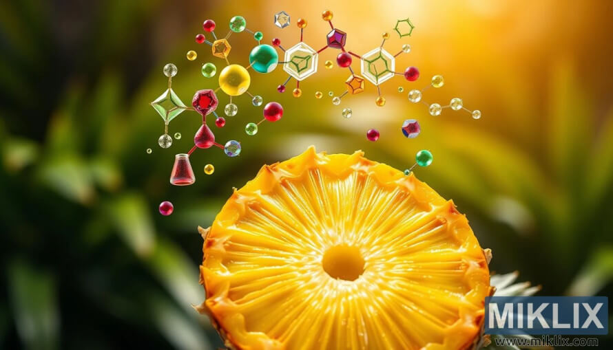 Ripe pineapple slice with golden flesh and antioxidant molecules floating around against blurred tropical foliage.