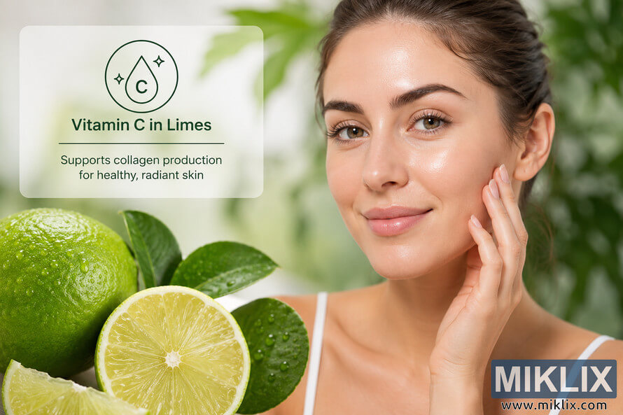 Landscape image showing a smiling young woman with naturally glowing skin beside fresh whole and sliced limes, green leaves, and an informational panel explaining that vitamin C in limes supports collagen production for healthy, radiant skin.