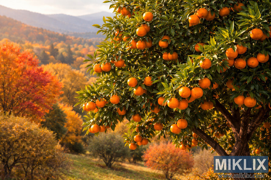 Satsuma mandarin tree laden with bright orange fruit in the foreground of a warm autumn landscape with colorful foliage and distant hills.