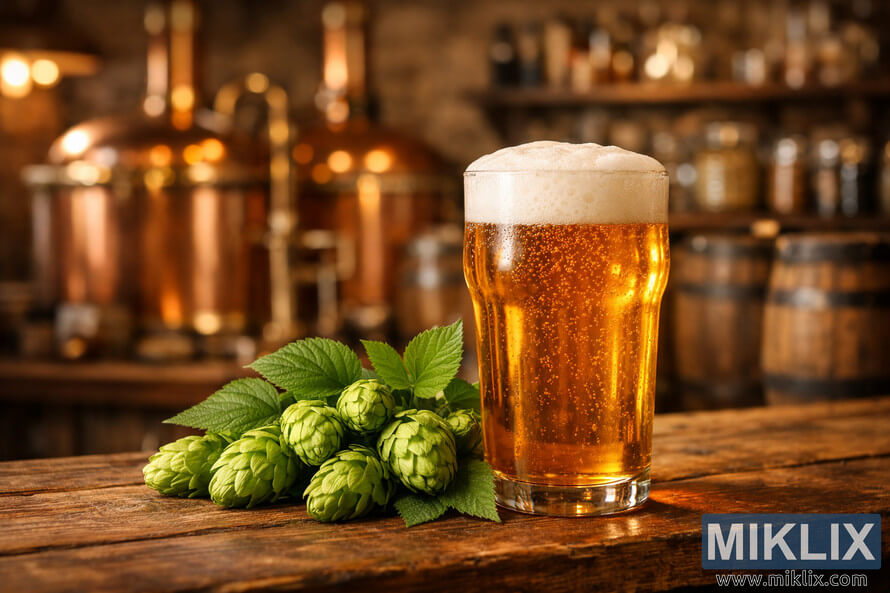A pint glass of golden beer with frothy head sits on a rustic wooden bar beside fresh Mathon hops and green leaves, with copper brewing kettles and barrels softly glowing in the background of a cozy brewery interior. A pint glass of golden beer with frothy head sits on a rustic wooden bar beside fresh Mathon hops and green leaves, with copper brewing kettles and barrels softly glowing in the background of a cozy brewery interior.