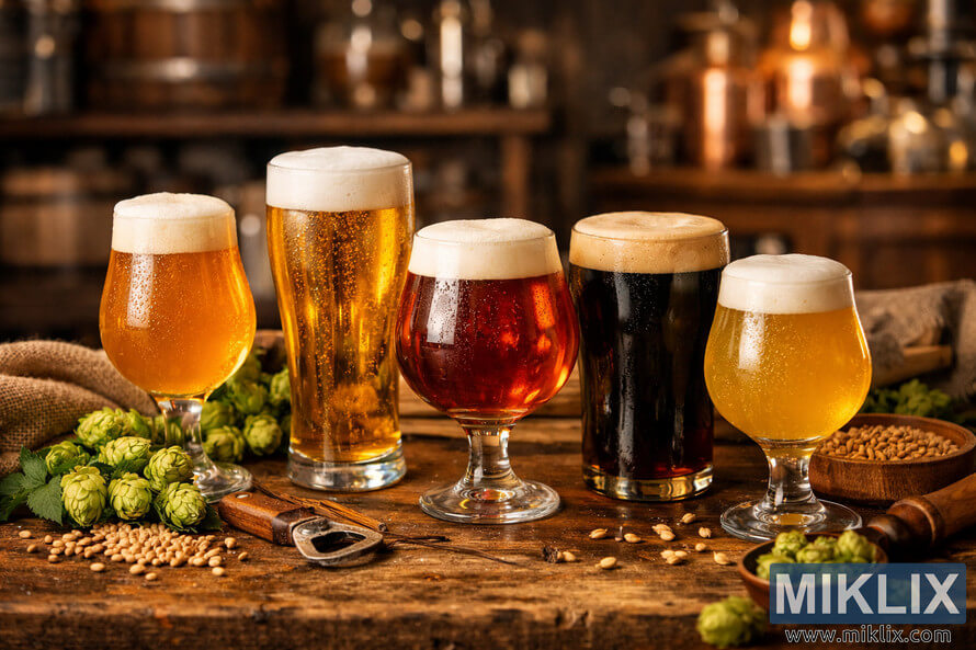 Landscape photograph of a rustic wooden table in a cozy brewery, featuring five different beer glasses in the foreground. Landscape photograph of a rustic wooden table in a cozy brewery, featuring five different beer glasses in the foreground.