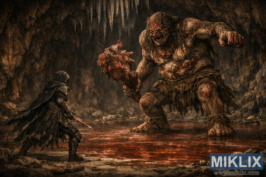 'n Wye donker-fantasie-uitsig van die Besoedelde wat 'n toringhoÃ« Hoof-Bloodfiend in 'n ontsaglike bloedbevlekte grot net voor die geveg in die gesig staar.