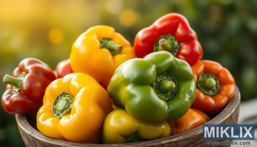 Krupni plan crvenih, Å¾utih i zelenih paprika u rustikalnoj drvenoj zdjeli pod toplim, mekim osvjetljenjem.