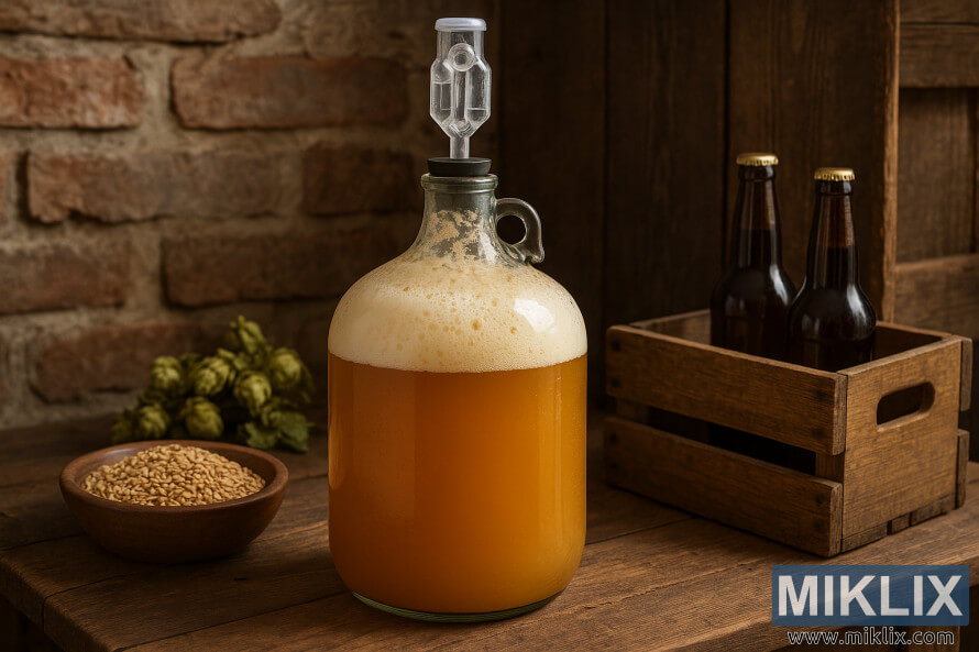 Fermentues qelqi i mbushur me birrÃ« Hefeweizen tÃ« artÃ« tÃ« mjegullt qÃ« po fermentohet nÃ« mÃ«nyrÃ« aktive, i rrethuar nga malt, humulus dhe shishe nÃ« njÃ« ambient rustik prej druri dhe tullash.