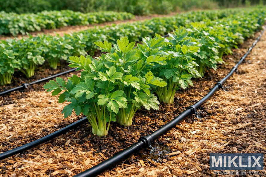 Rows of healthy parsnip plants growing in a garden bed with straw mulch and black drip irrigation lines running alongside the plants.