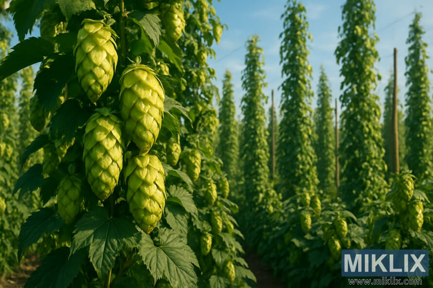 Primo piano dei coni di luppolo Brewer's Gold in un rigoglioso giardino di luppoli sotto la luce dorata del sole.