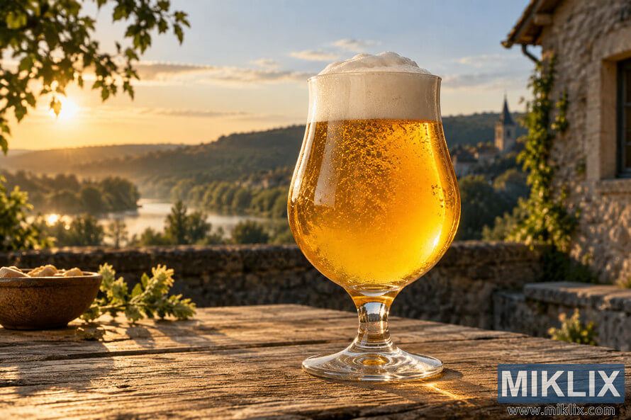 Golden beer with a thick foamy head in a stemmed glass on a rustic wooden table overlooking a sunlit green valley and distant village. Golden beer with a thick foamy head in a stemmed glass on a rustic wooden table overlooking a sunlit green valley and distant village.