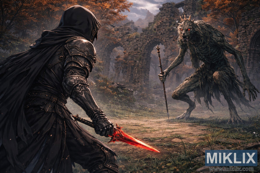 FanÃºÅ¡ikovskÃ© umenie v Å¡tÃ½le anime, na ktorom je PoÅ¡kvrnenÃ½ v brnenÃ­ Äierneho noÅ¾a videnÃ½ zozadu, ako sa pred bitkou konfrontuje s KrÃ¡Ä¾ovnou poloÄ¾udÃ­ v ruinÃ¡ch starobylÃ©ho lesa.