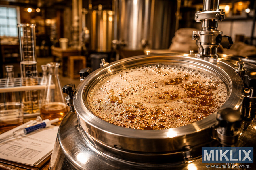 Close-up of an active beer fermentation vessel with frothy bubbles and yeast activity, surrounded by scientific brewing equipment in a warmly lit brewery. Close-up of an active beer fermentation vessel with frothy bubbles and yeast activity, surrounded by scientific brewing equipment in a warmly lit brewery.