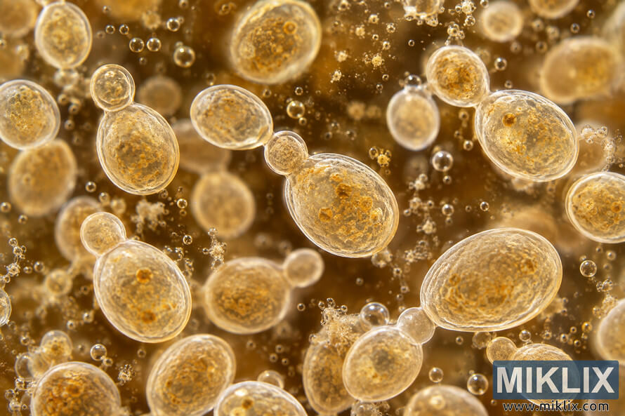 Close-up microscopic view of translucent oval ale yeast cells budding in an amber fermentation liquid, surrounded by tiny gas bubbles and suspended particles.