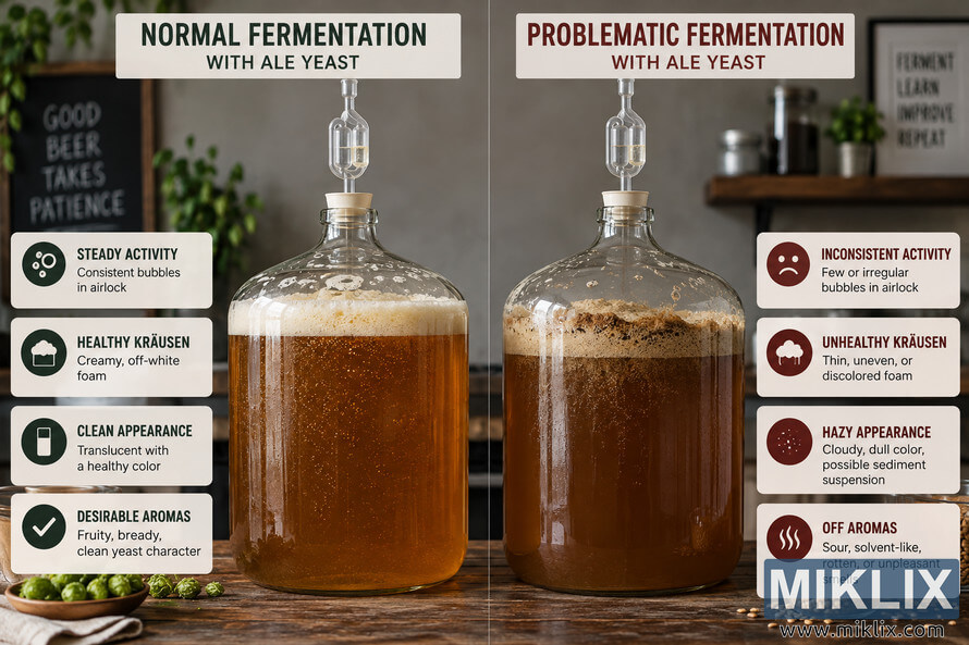 Side-by-side educational comparison of ale yeast fermentation. The left glass carboy shows normal fermentation with clear amber liquid, steady bubbling, and creamy off-white krÃ¤usen, while the right shows problematic fermentation with cloudy brown liquid, irregular activity, and uneven darker foam. Green callouts identify healthy signs and reddish-brown callouts identify warning signs.