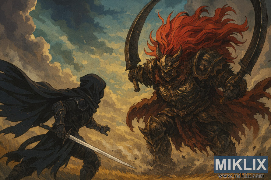 Anime-style fan art of the Tarnished fighting Starscourge Radahn in Elden Ring