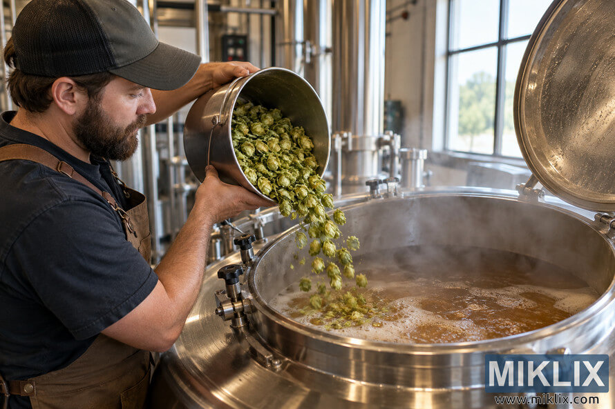 Brewer in a brown apron tipping green hop cones from a metal pail into an open stainless-steel brew kettle filled with steaming amber wort inside a bright modern brewery. Brewer in a brown apron tipping green hop cones from a metal pail into an open stainless-steel brew kettle filled with steaming amber wort inside a bright modern brewery.