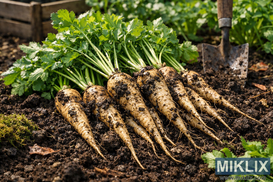 Freshly harvested parsnips with soil on their roots and green leafy tops lying on dark garden soil beside a small garden trowel.