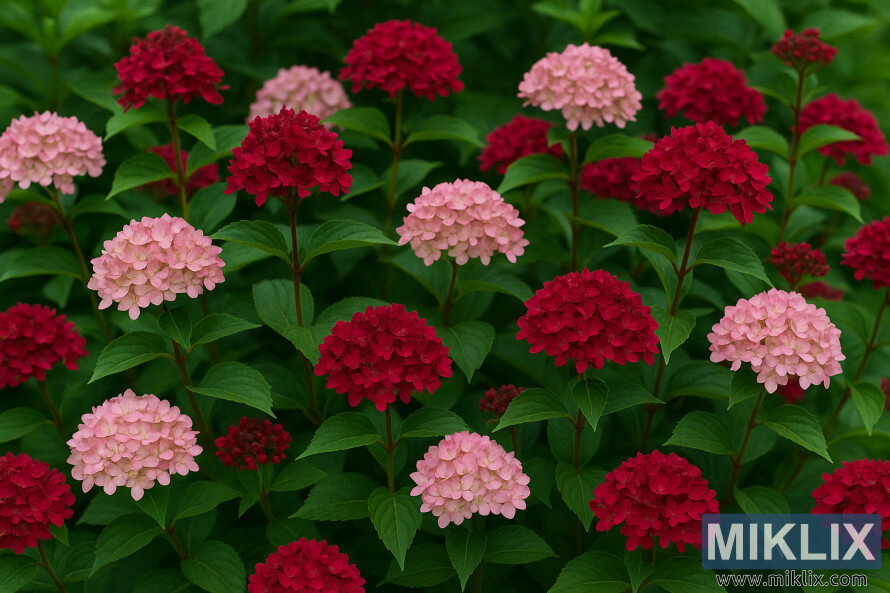 Invincibelle Rubi hortenzije sa rubin-crvenim do meko roze cveta iznad sjajnog zelenog liÅ¡Äa.