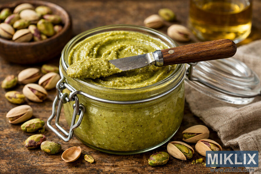 A close-up view of a glass jar filled with creamy homemade pistachio butter, surrounded by scattered pistachios and a rustic spreading knife resting on top. A close-up view of a glass jar filled with creamy homemade pistachio butter, surrounded by scattered pistachios and a rustic spreading knife resting on top.