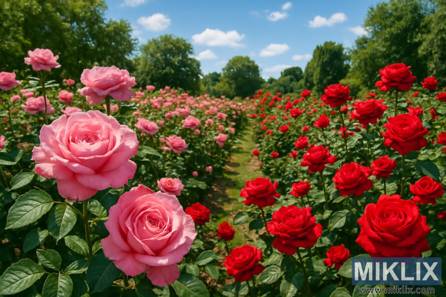 Des rangÃ©es de roses roses et rouges en pleine floraison avec un chemin herbeux sous un ciel bleu ensoleillÃ©.
